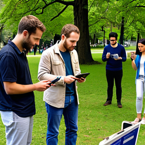 Home 11 **A diverse group of people using smartphones and tablets to collect data in a park setting for a citizen science project.** (This visualizes the accessibility and community aspect of data collection.)