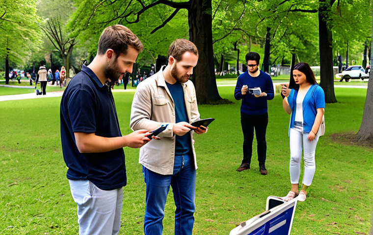 **A diverse group of people using smartphones and tablets to collect data in a park setting for a citizen science project.** (This visualizes the accessibility and community aspect of data collection.)