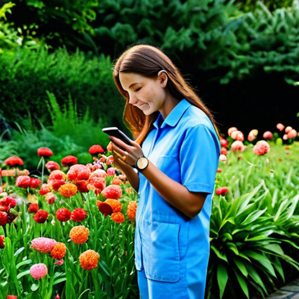 Citizen Scientist with Technology**
"A woman in appropriate attire, using a smartphone with a sensor attached, standing in a lush garden, fully clothed, safe for work, surrounded by flowers and plants, collecting data for a citizen science project, perfect anatomy, natural proportions, professional photography, high quality, appropriate content, modest clothing, family-friendly."
**