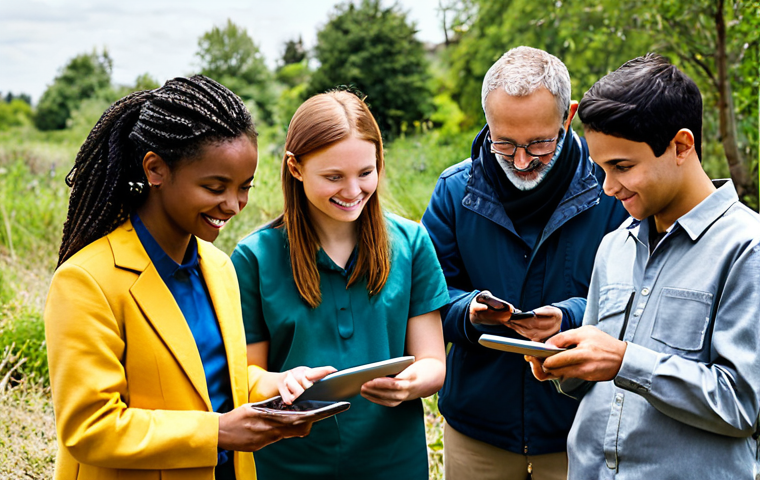 Ethical Data Collection**
"A diverse group of people, fully clothed in everyday attire, participating in a community science project outdoors, using tablets to record observations; focus on teamwork, collaboration, and responsible data collection; bright daylight, friendly atmosphere, safe for work, appropriate content, professional, modest, perfect anatomy, natural proportions, well-formed hands, proper finger count."
**