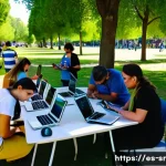 Home 19 시민과학 프로젝트의 참여 촉진 방법 - A vibrant community workshop scene in a sunny urban park in Spain, showing diverse people of various...