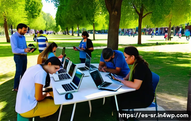 시민과학 프로젝트의 참여 촉진 방법 - A vibrant community workshop scene in a sunny urban park in Spain, showing diverse people of various...